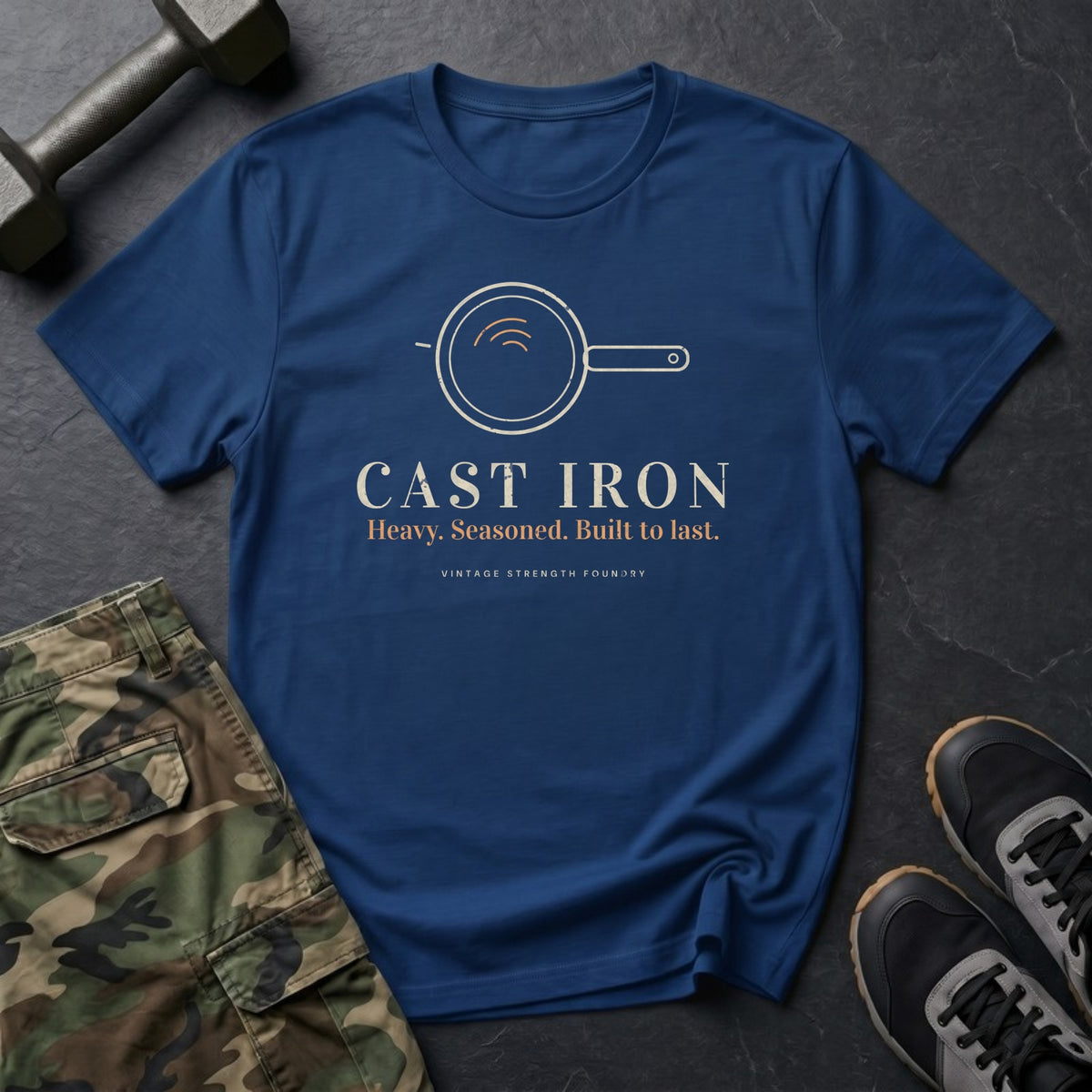 Cast Iron: Heavy. Seasoned. Built to Last. T-Shirt in Heather Navy
