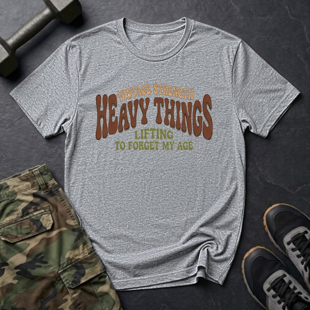 Heavy Things, Lifting to Forget My Age - Retro Gym T-Shirt in Sport Grey