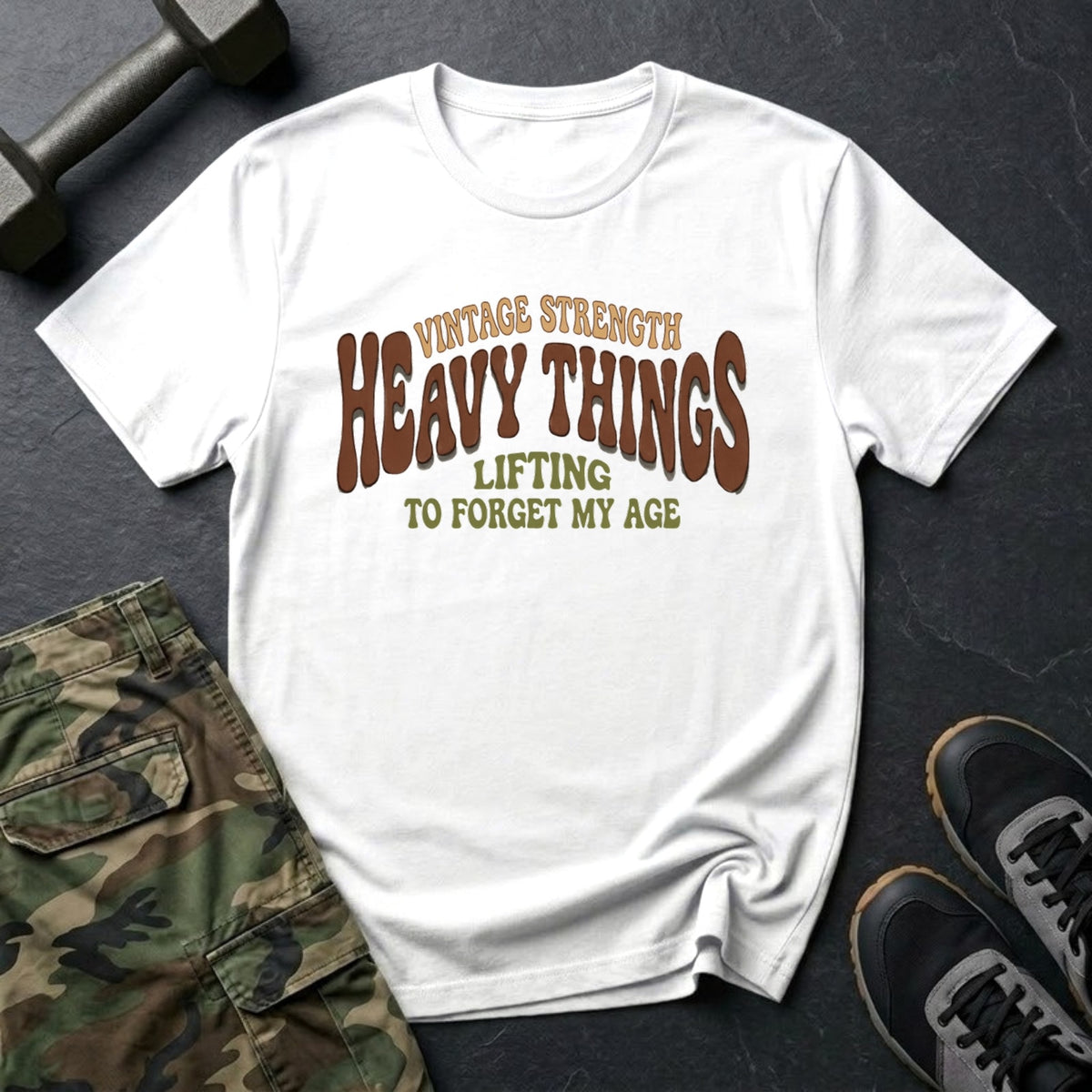 Heavy Things, Lifting to Forget My Age - Retro Gym T-Shirt in White