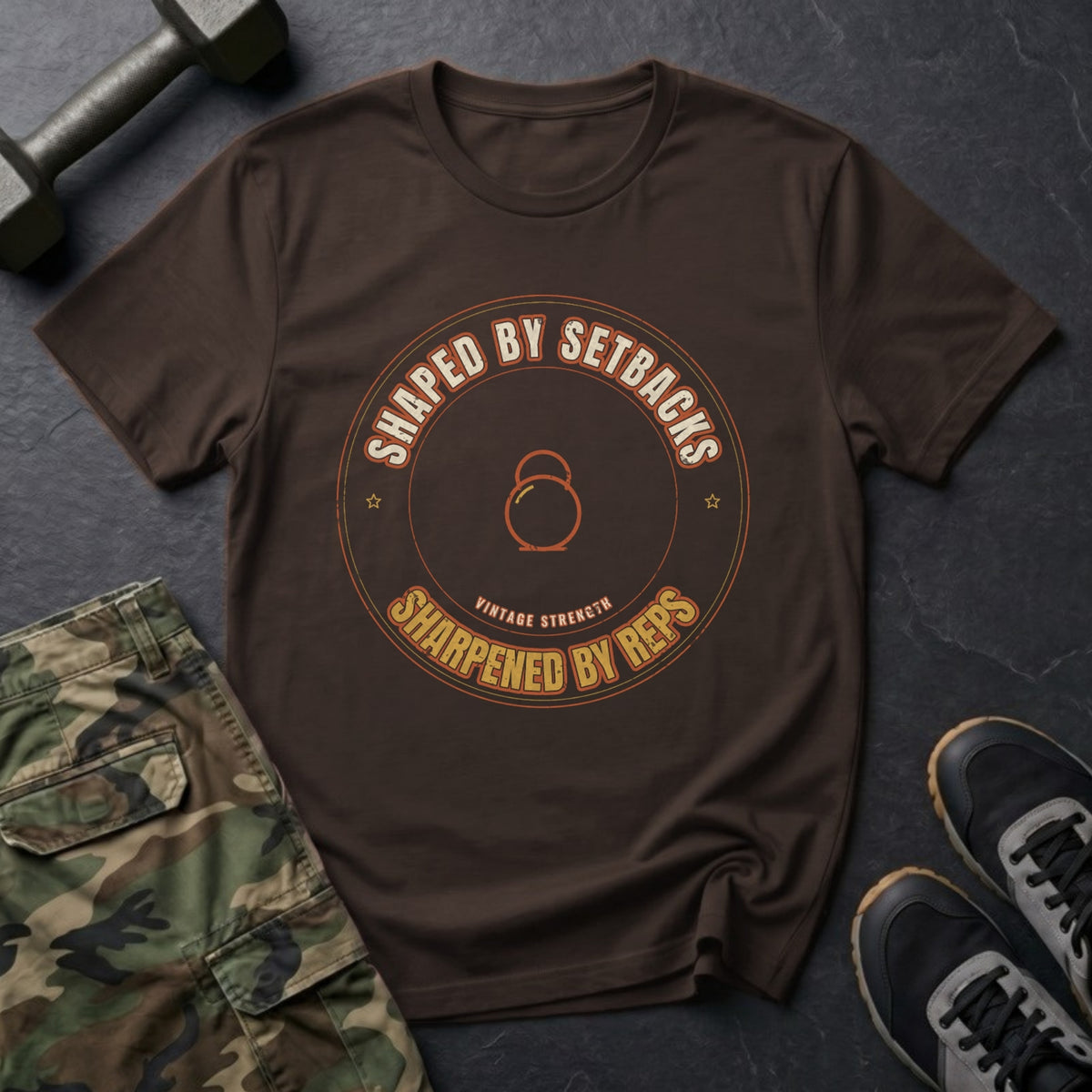 Shaped by Setbacks, Sharpened by Reps T-Shirt in Dark Chocolate