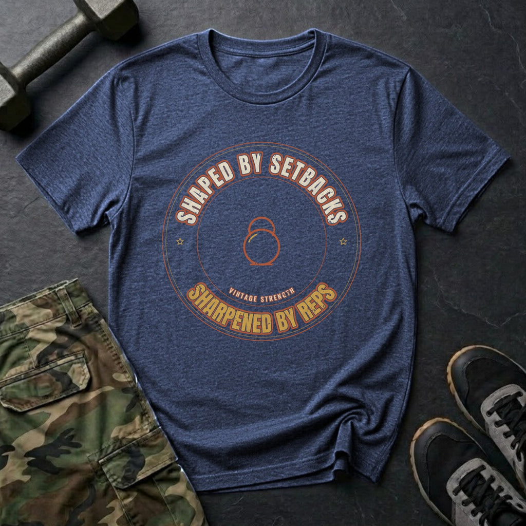 Shaped by Setbacks, Sharpened by Reps T-Shirt in Heather Navy