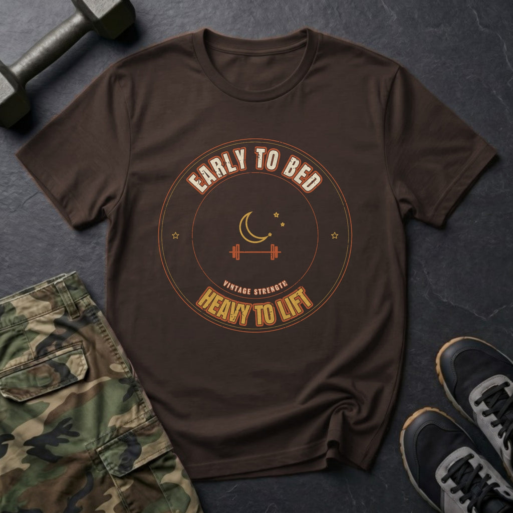 Early to Bed, Heavy to Lift T-Shirt in Dark Chocolate