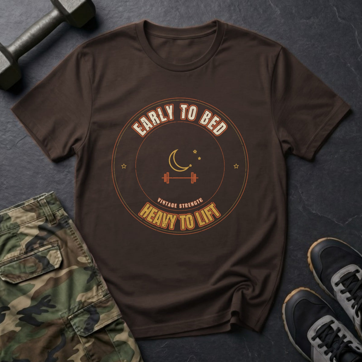 Early to Bed, Heavy to Lift T-Shirt in Dark Chocolate