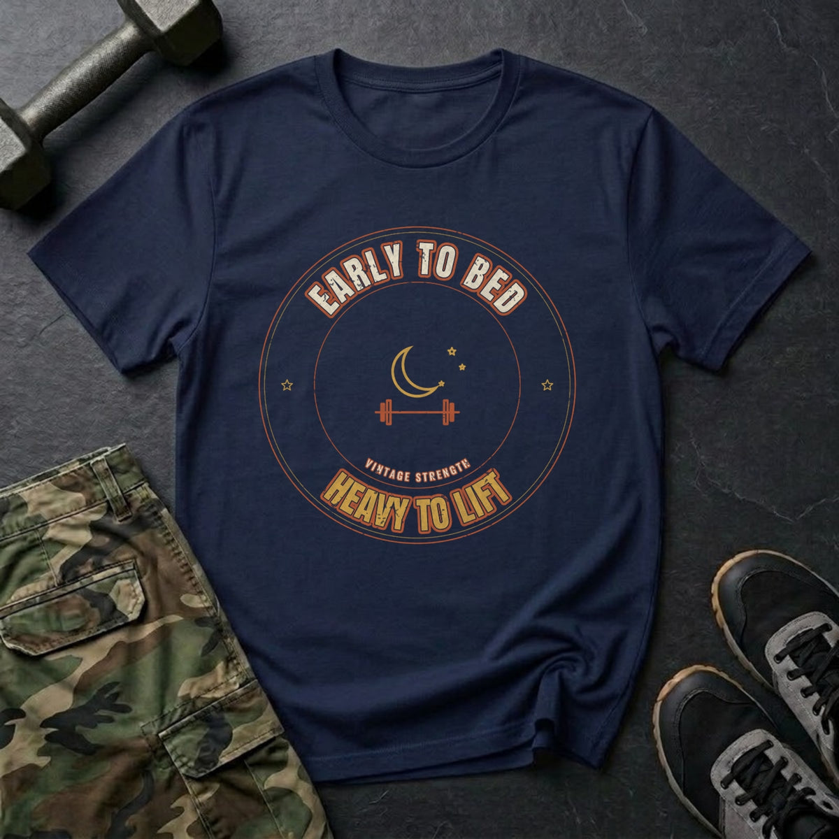 Early to Bed, Heavy to Lift T-Shirt in Navy