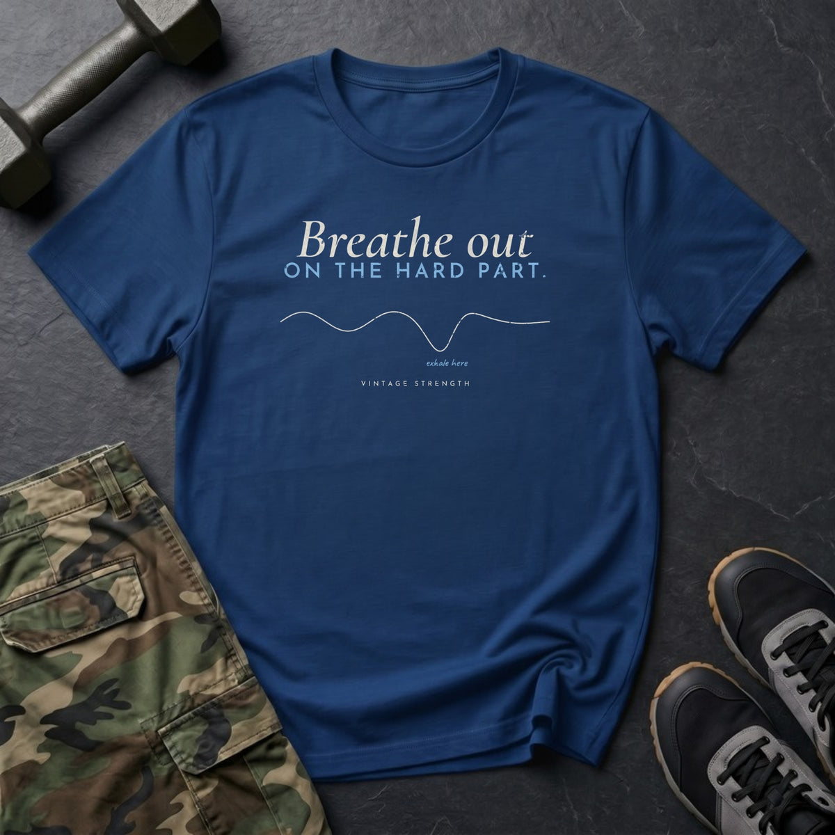 Breathe Out on the Hard Part T-Shirt in Heather Navy