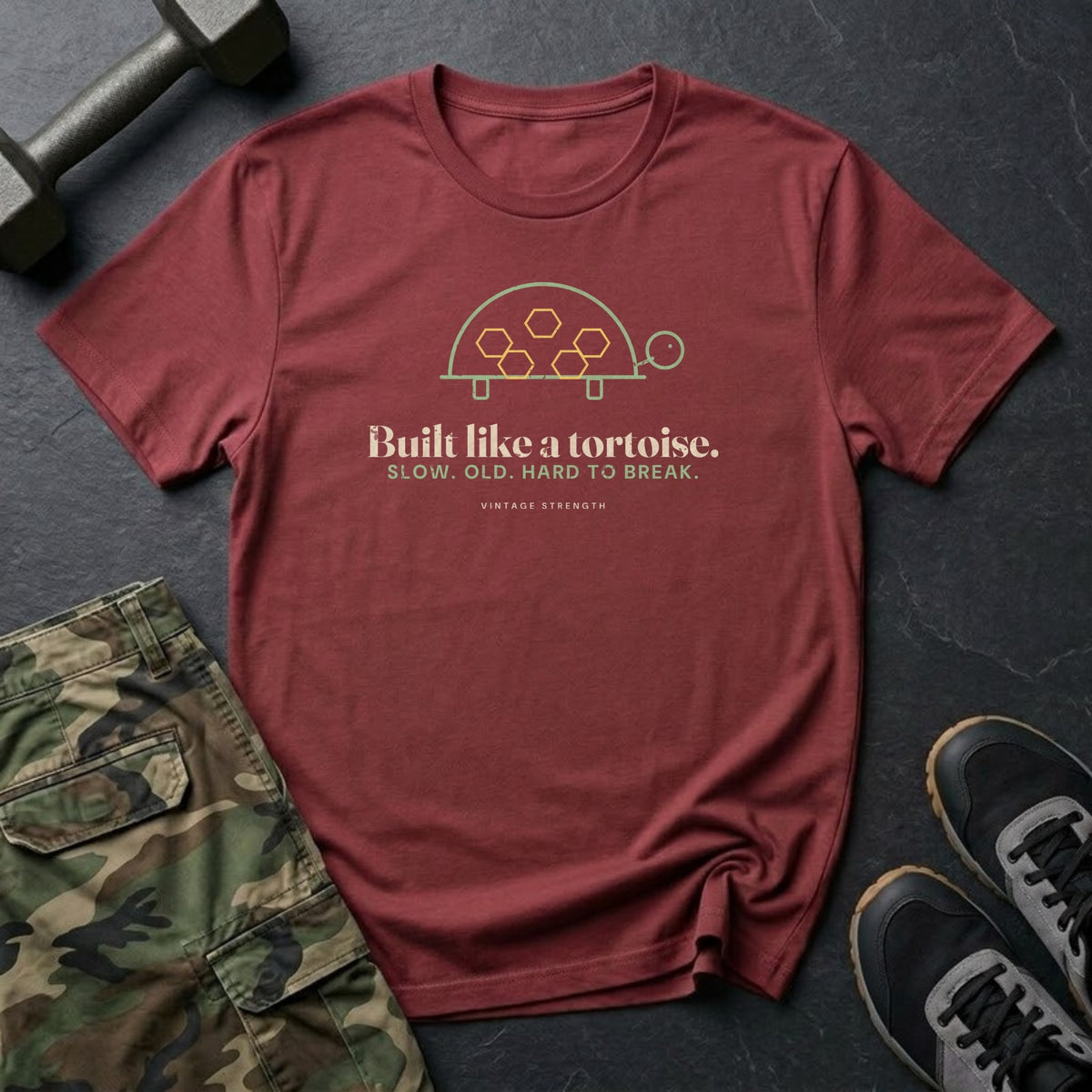 Built Like a Tortoise. Slow. Old. Hard to Break. T-Shirt in Heather Cardinal