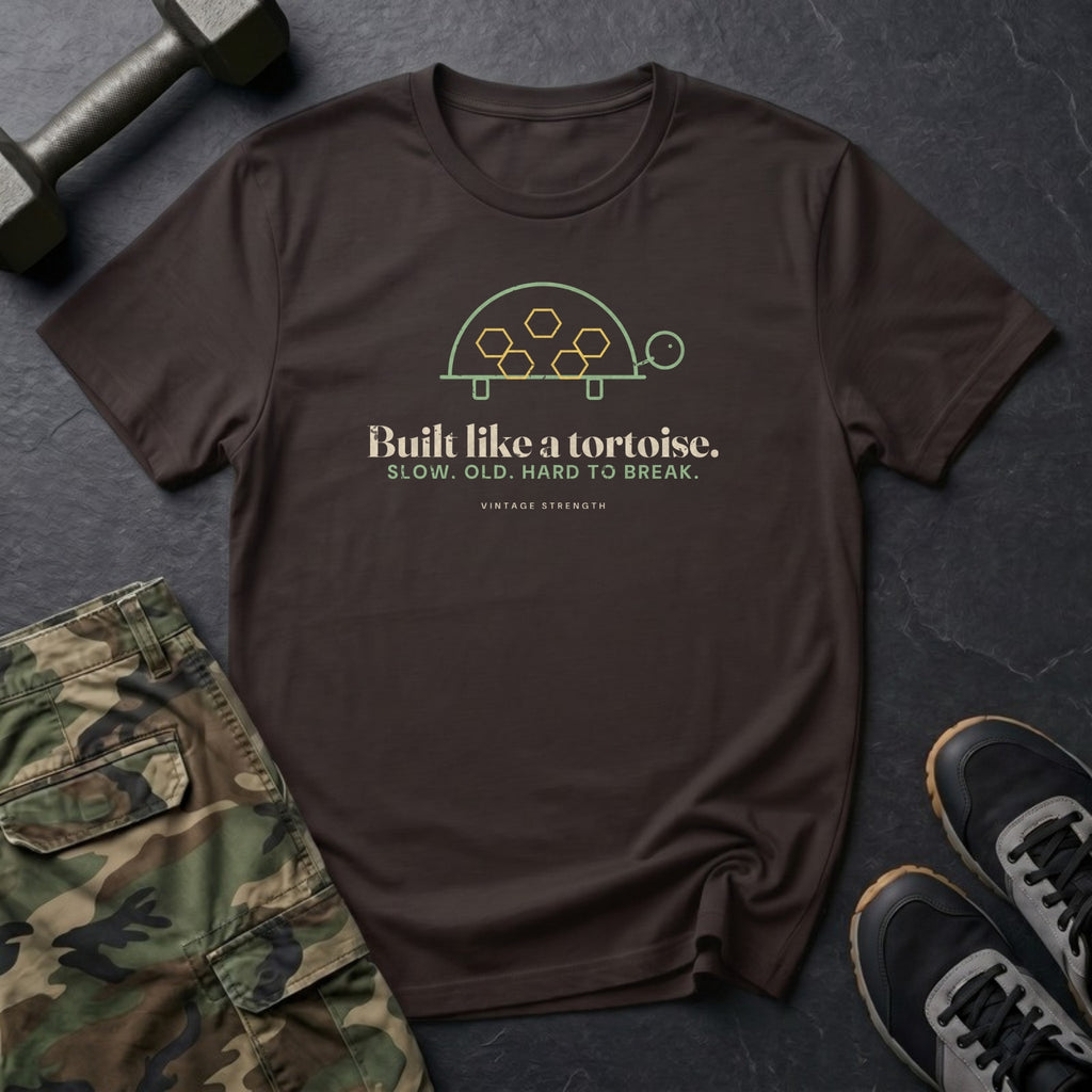 Built Like a Tortoise. Slow. Old. Hard to Break. T-Shirt in Dark Chocolate