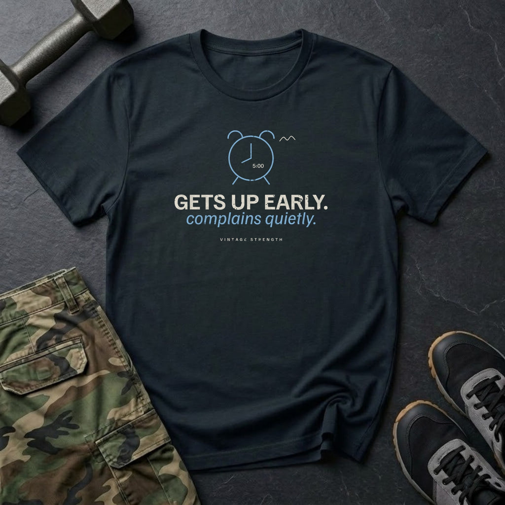 Gets Up Early. Complains Quietly. T-Shirt in Black