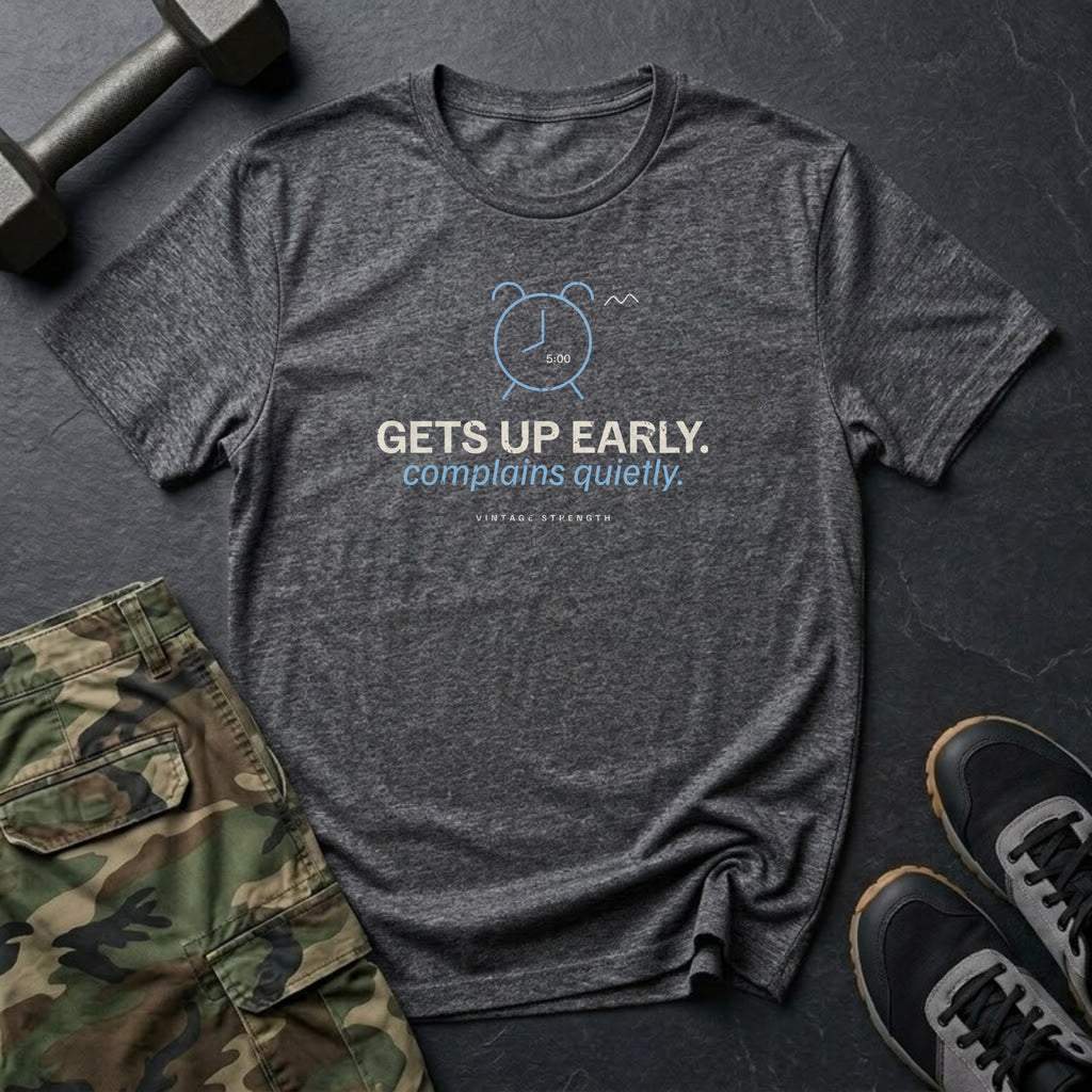 Gets Up Early. Complains Quietly. T-Shirt in Dark Heather