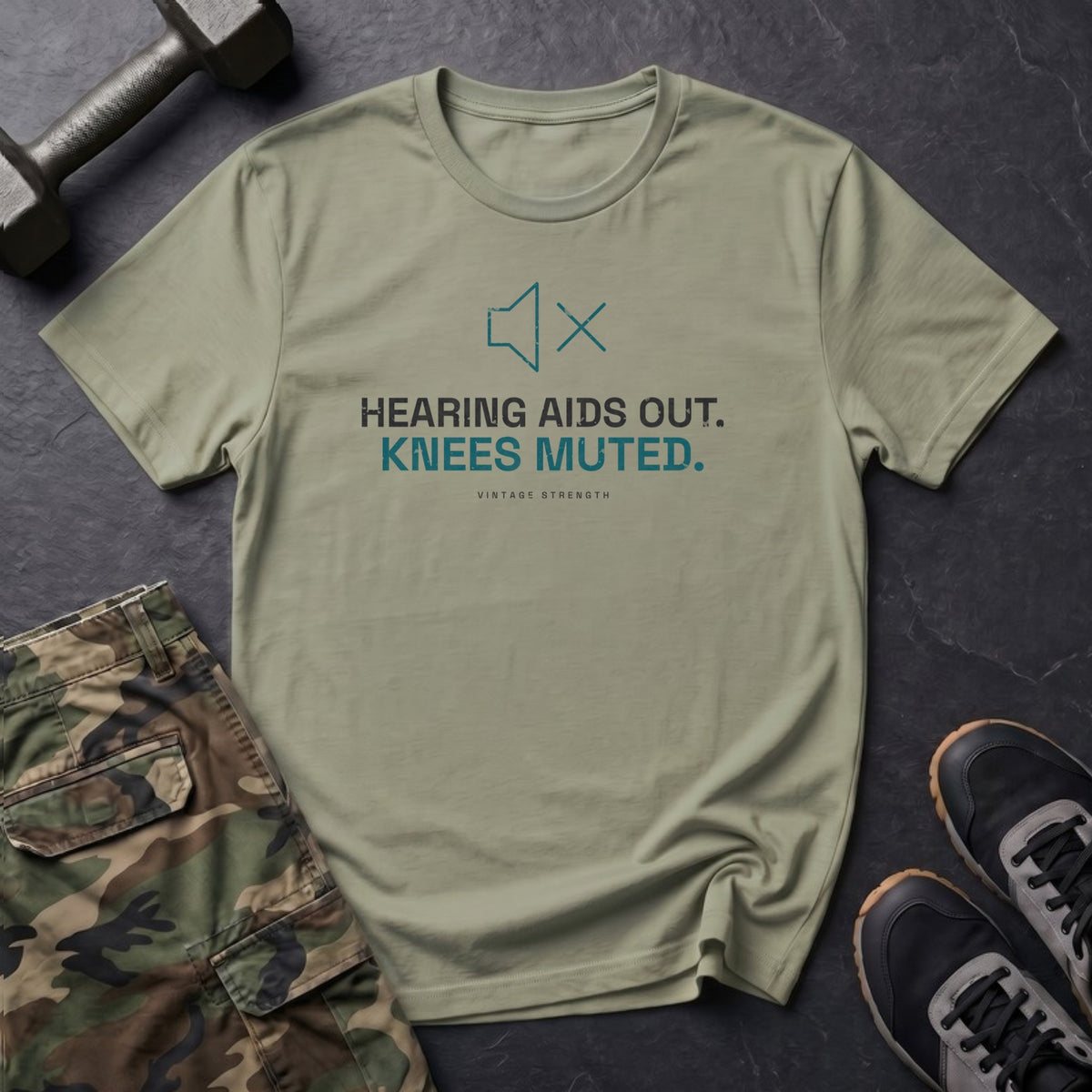 Hearing Aids Out. Knees Muted. T-Shirt in Pistachio