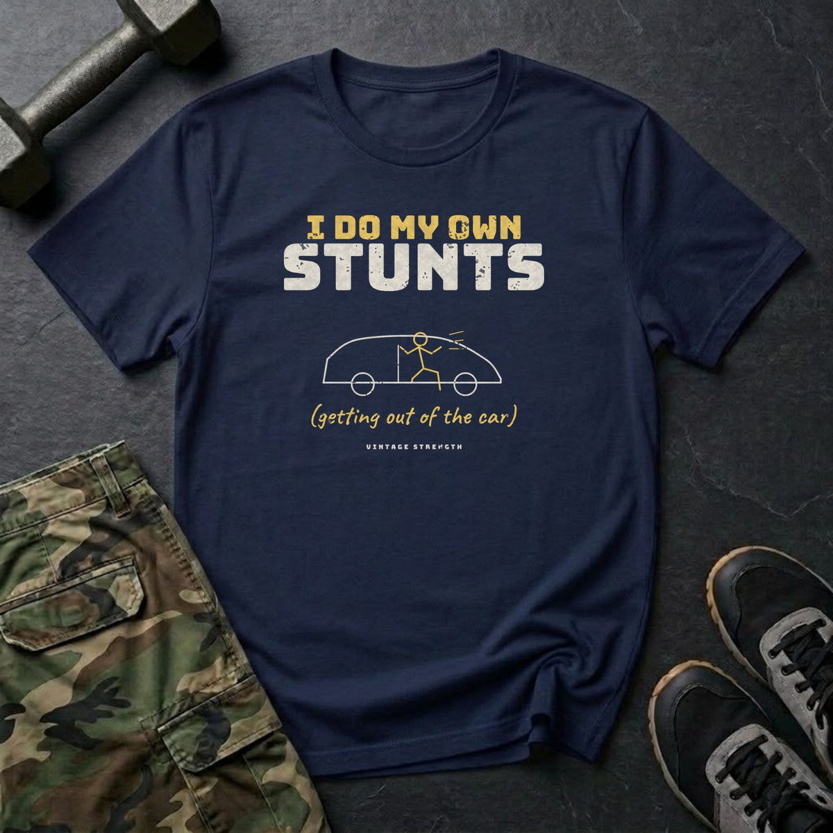 I Do My Own Stunts (Getting Out of the Car) T-Shirt in Navy