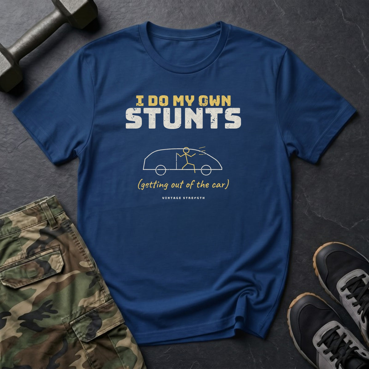 I Do My Own Stunts (Getting Out of the Car) T-Shirt in Heather Navy