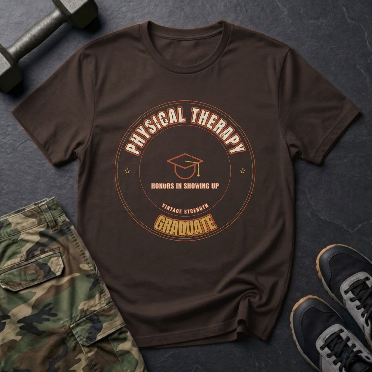Physical Therapy Graduate: Honors in Showing Up T-Shirt in Dark Chocolate