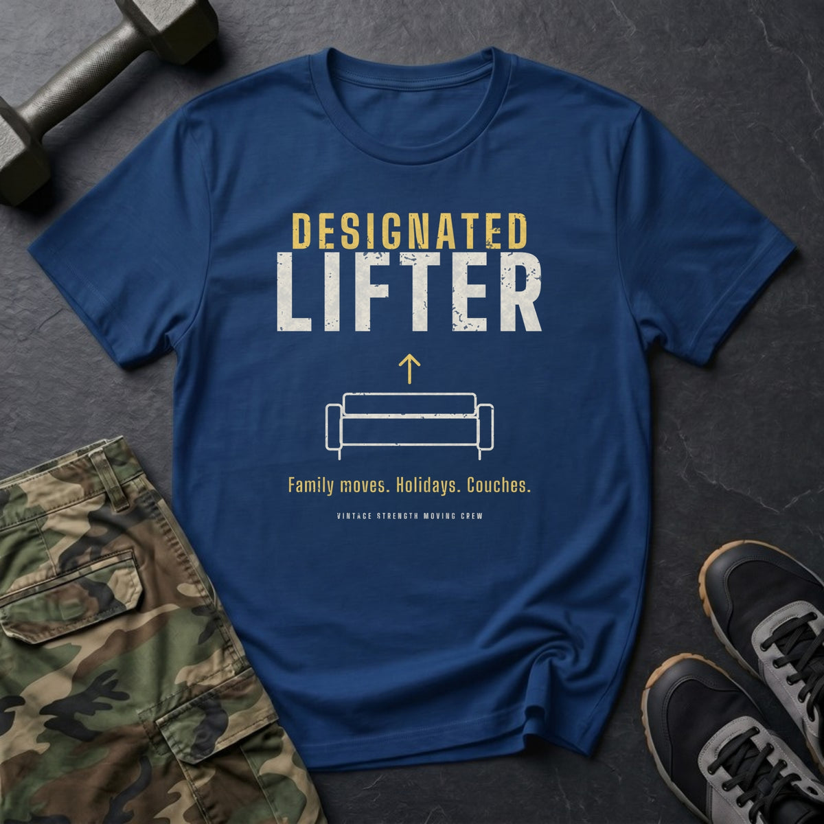 Designated Lifter: Family Moves. Holidays. Couches. T-Shirt in Heather Navy