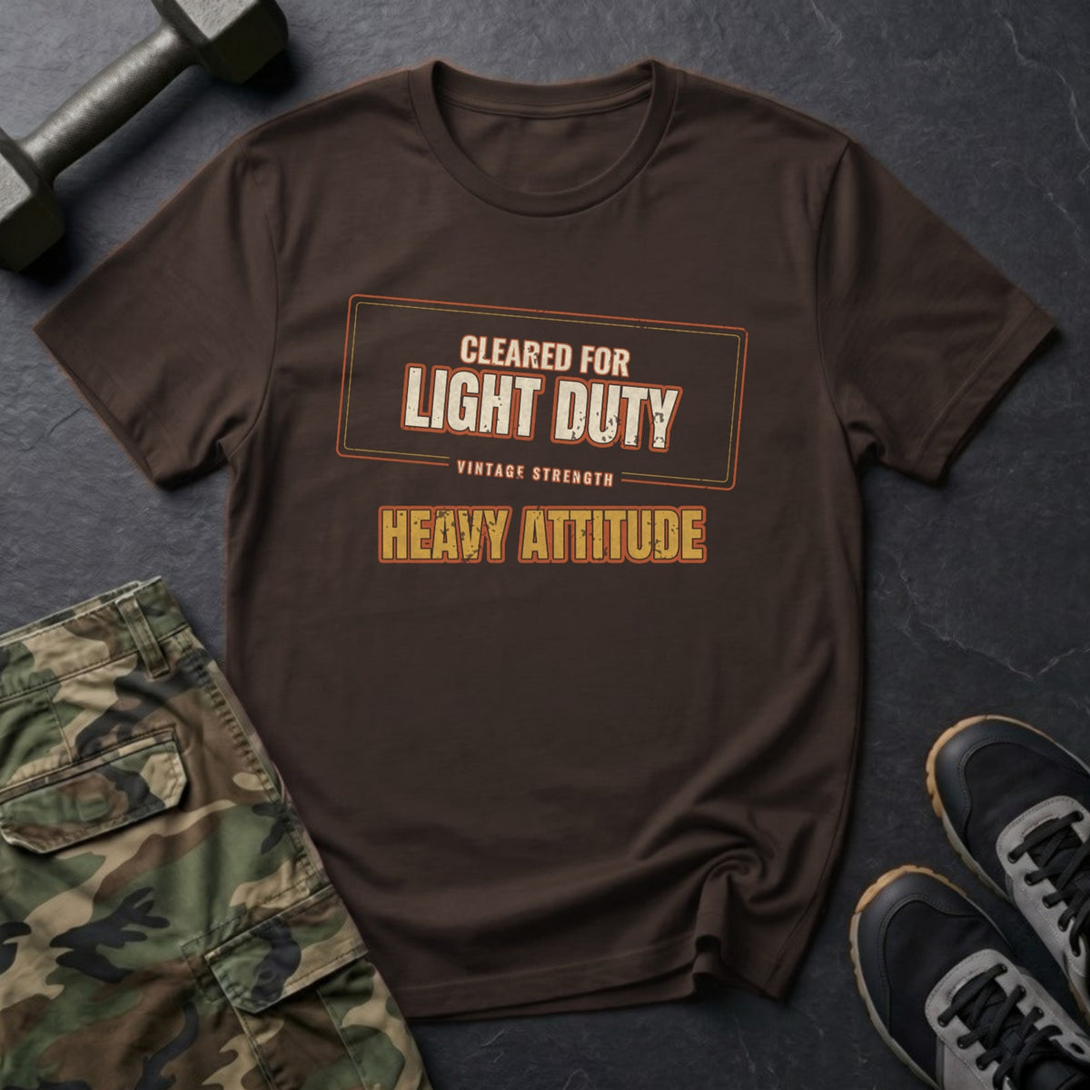 Cleared for Light Duty, Heavy Attitude T-Shirt in Dark Chocolate