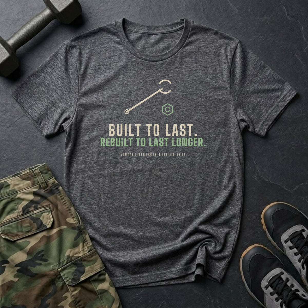 Built to Last. Rebuilt to Last Longer. T-Shirt in Dark Heather