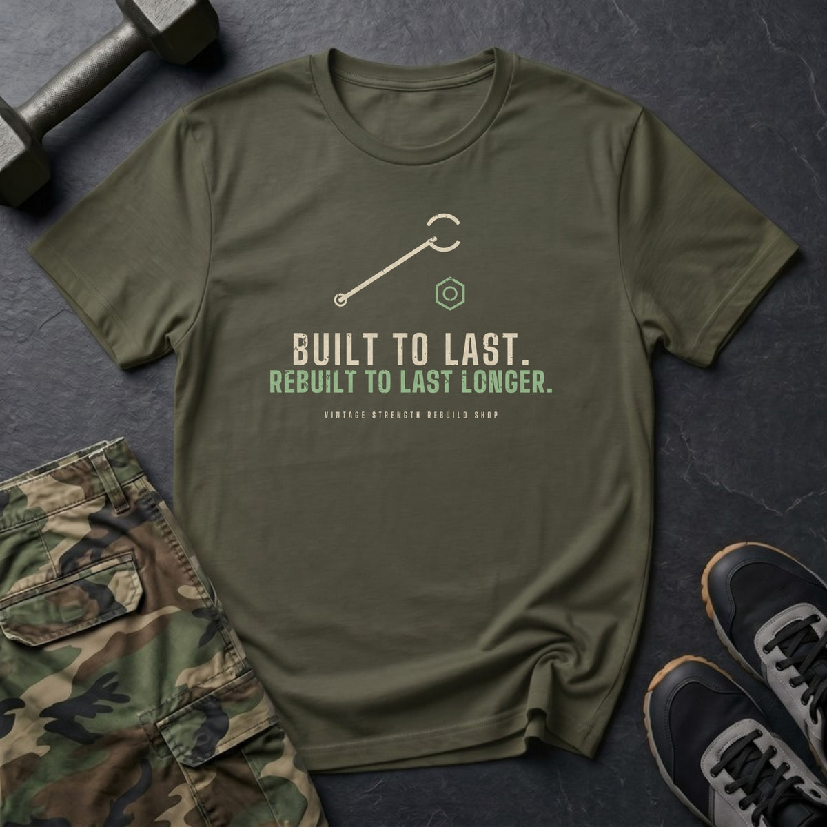 Built to Last. Rebuilt to Last Longer. T-Shirt in Military Green