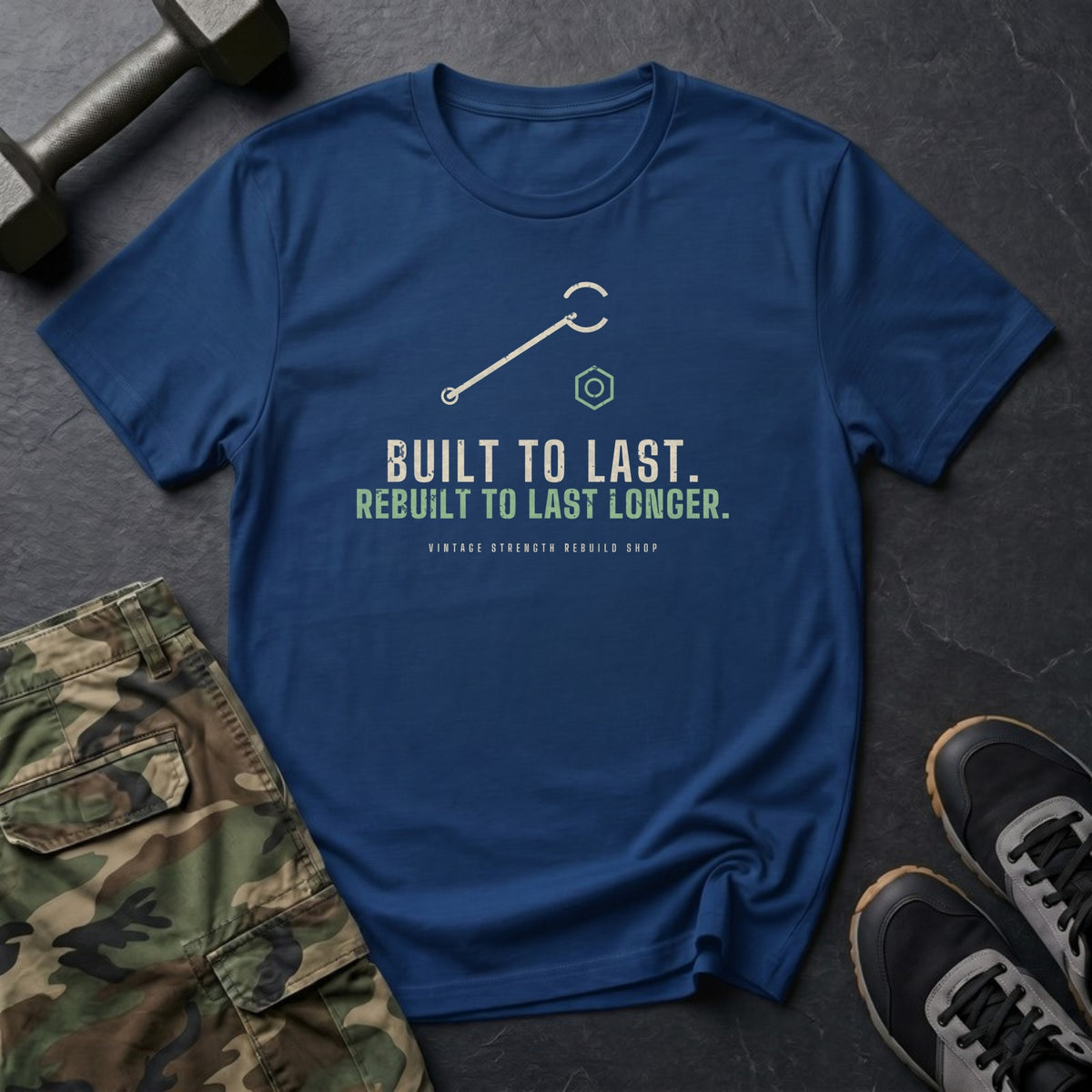 Built to Last. Rebuilt to Last Longer. T-Shirt in Heather Navy