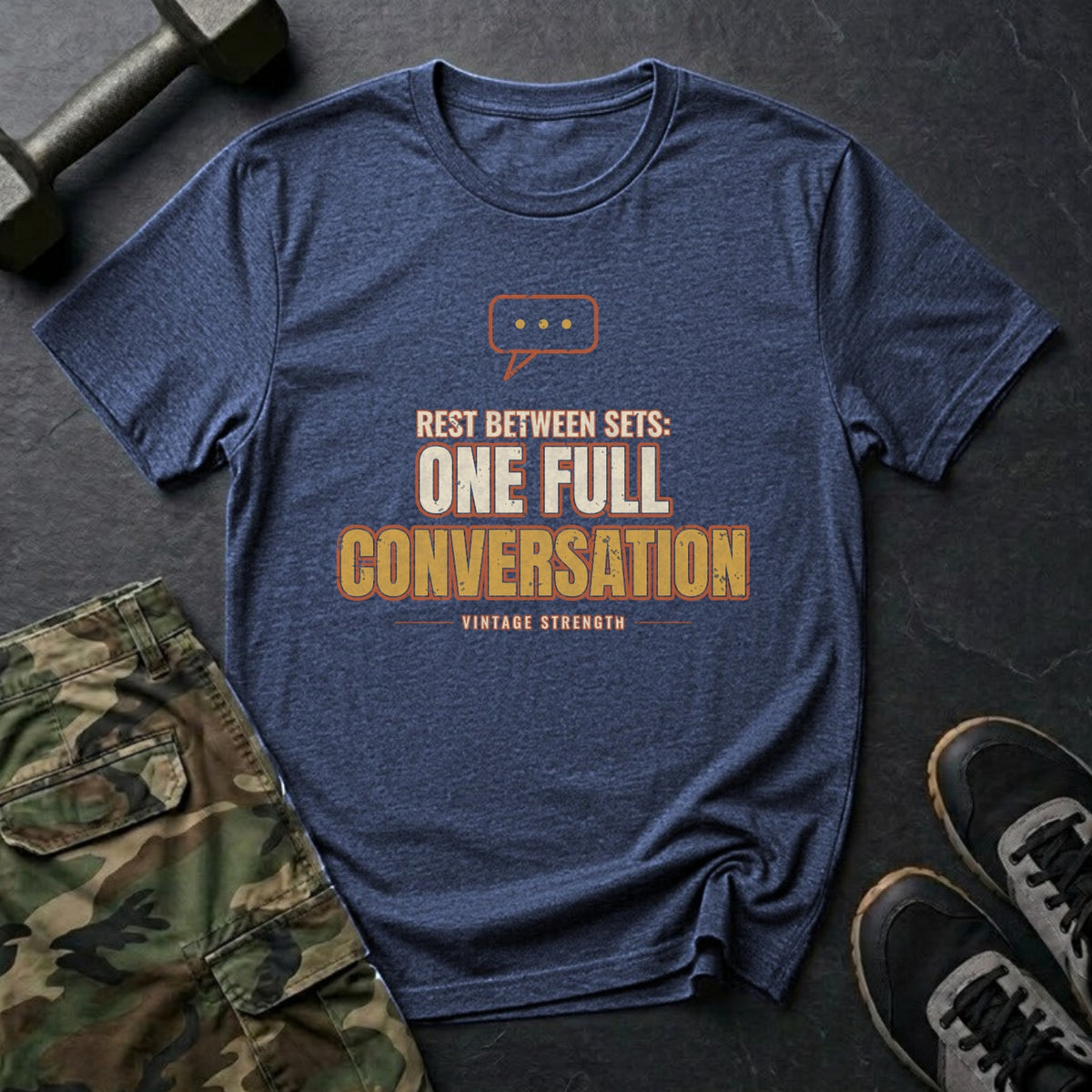 Rest Between Sets: One Full Conversation T-Shirt in Heather Navy