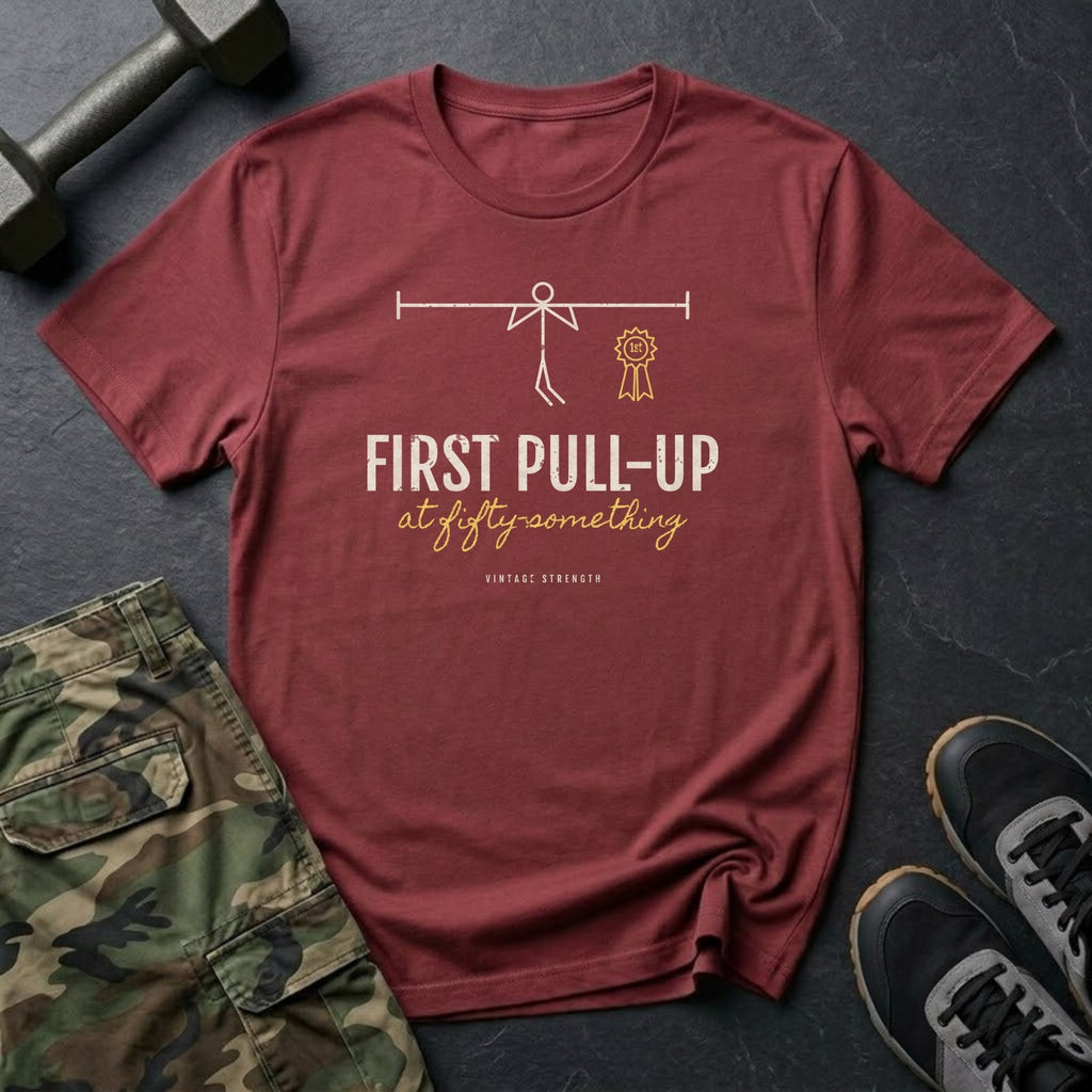First Pull-Up at Fifty-Something T-Shirt in Heather Cardinal