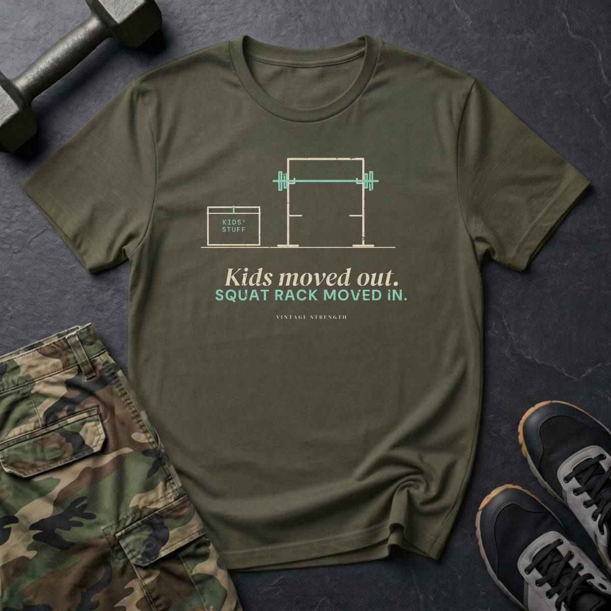 Kids Moved Out. Squat Rack Moved In. T-Shirt in Military Green
