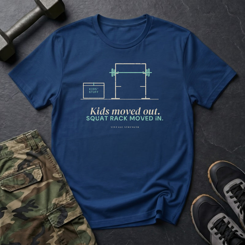 Kids Moved Out. Squat Rack Moved In. T-Shirt in Heather Navy