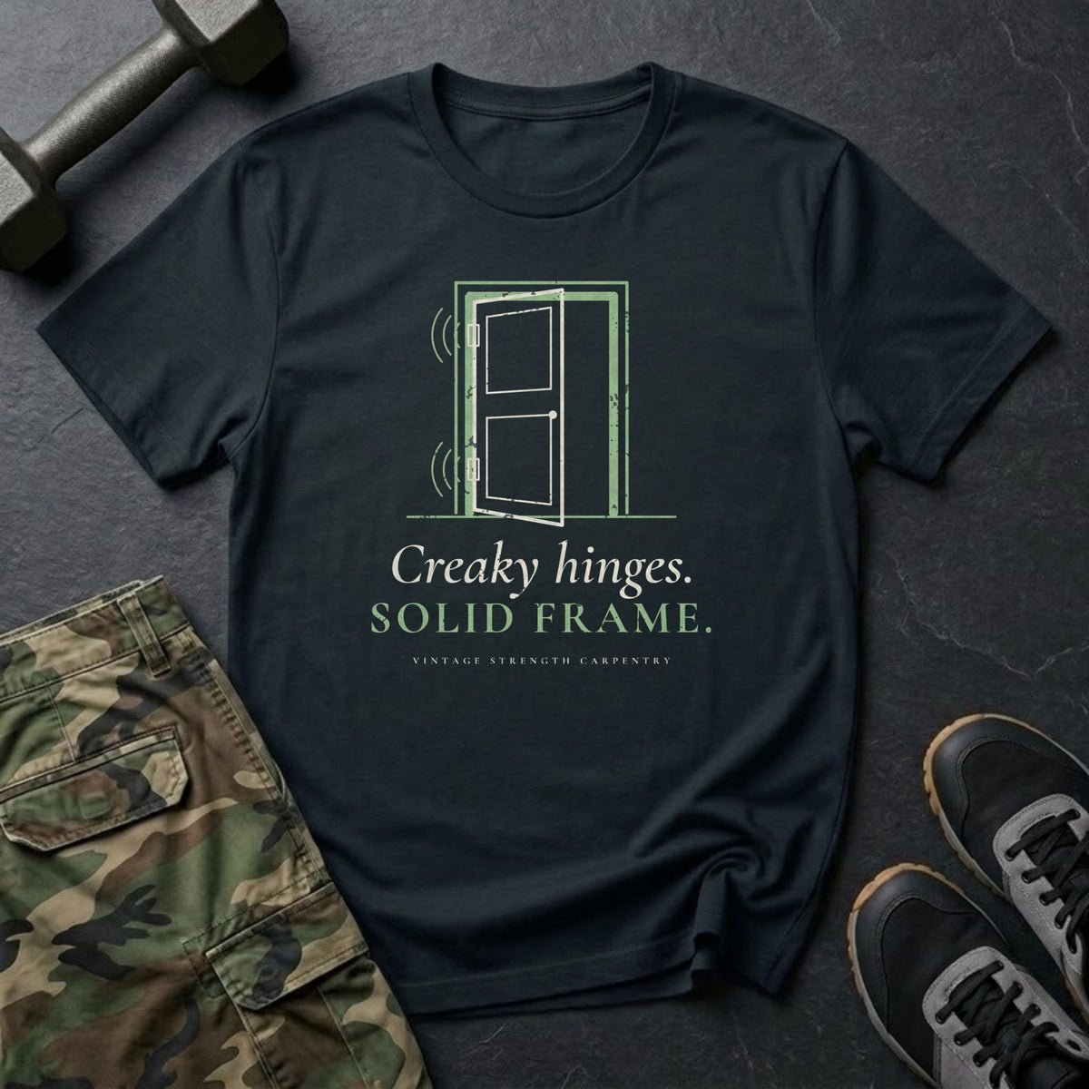 Creaky Hinges. Solid Frame. T-Shirt in Black