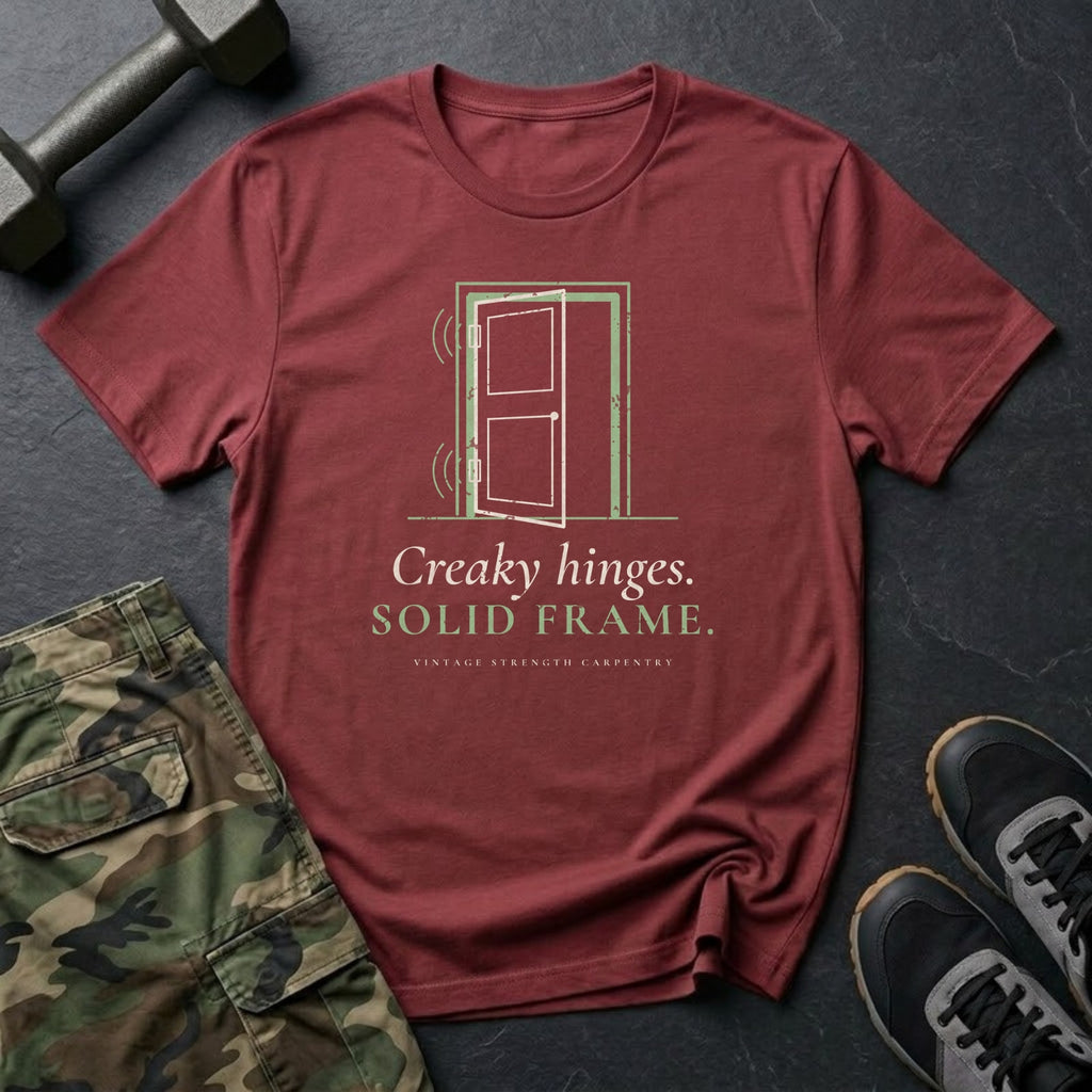 Creaky Hinges. Solid Frame. T-Shirt in Heather Cardinal