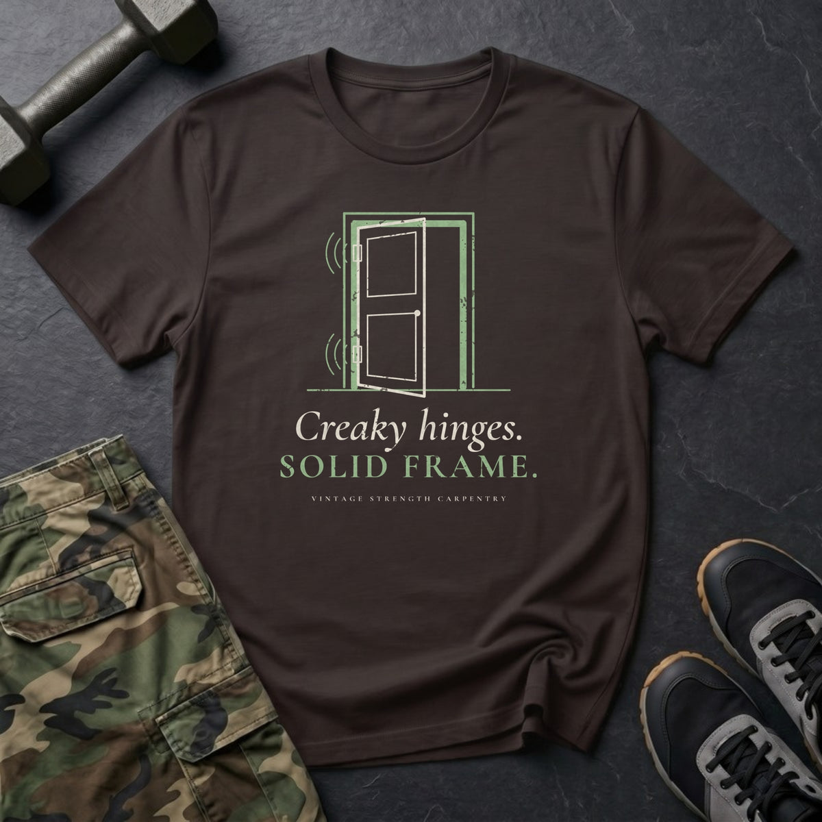 Creaky Hinges. Solid Frame. T-Shirt in Dark Chocolate