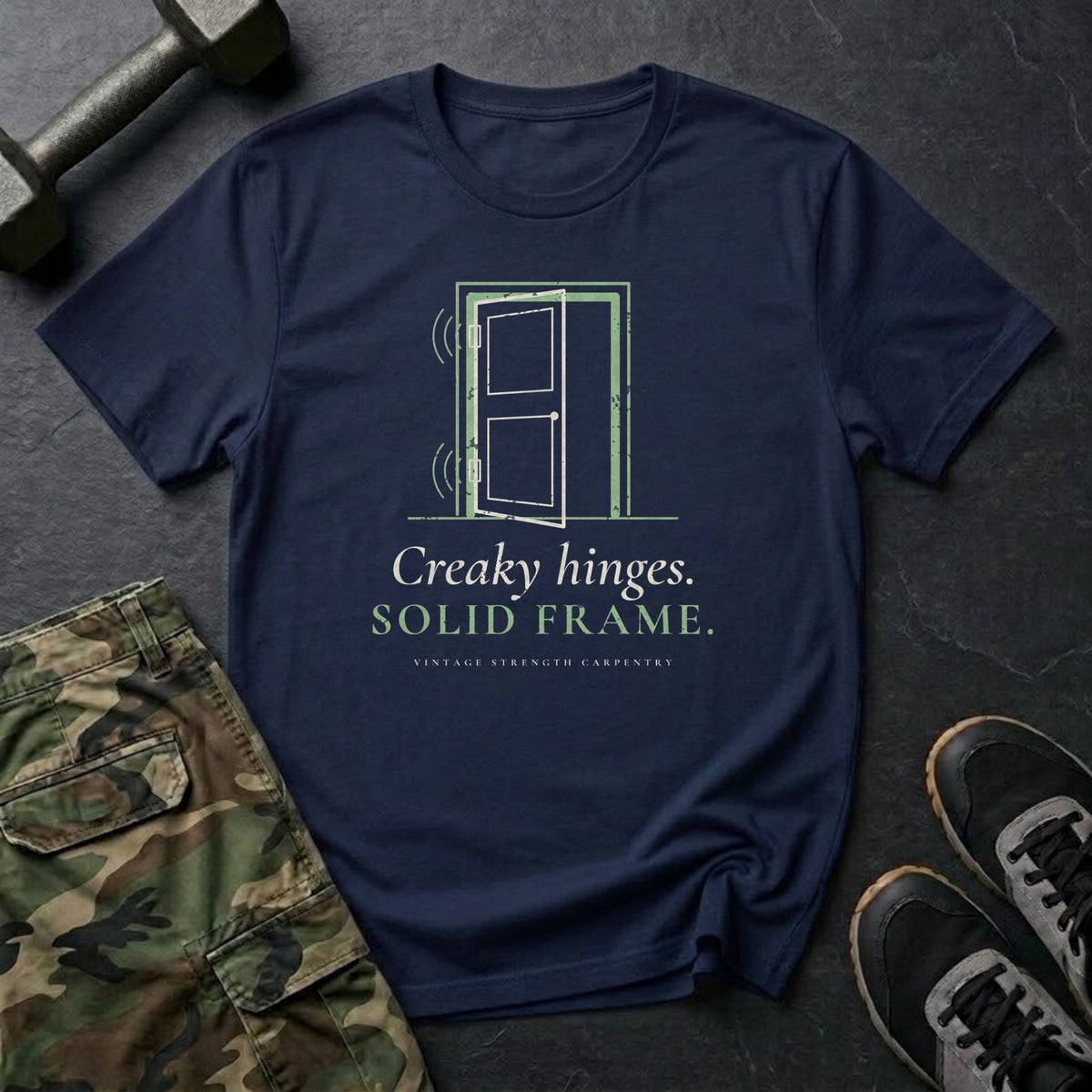 Creaky Hinges. Solid Frame. T-Shirt in Navy