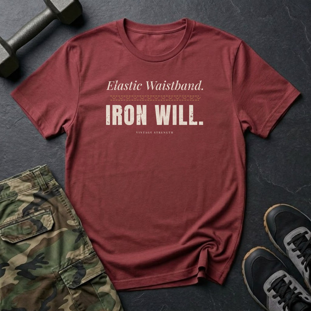 Elastic Waistband. Iron Will. T-Shirt in Heather Cardinal