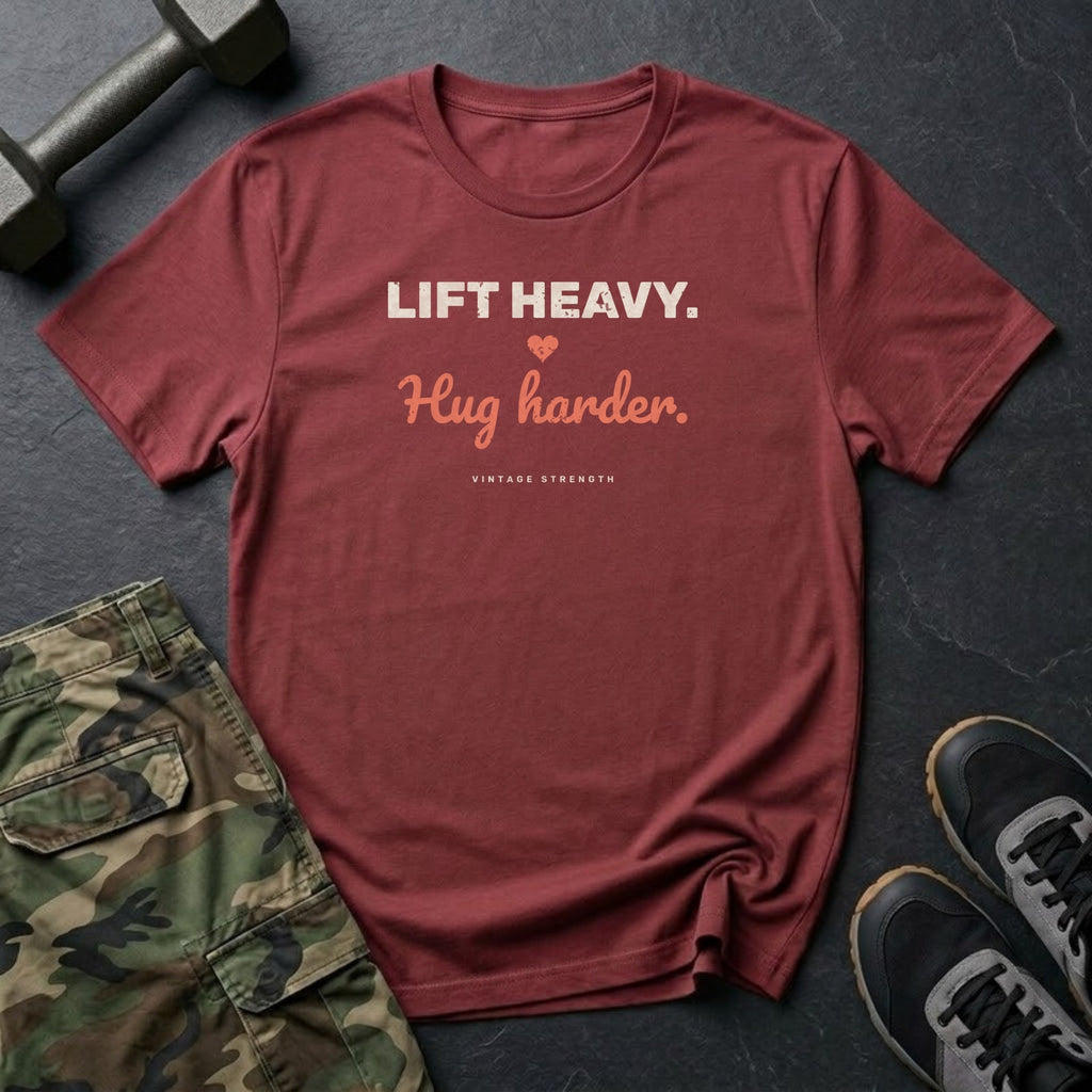 Lift Heavy. Hug Harder. T-Shirt in Heather Cardinal