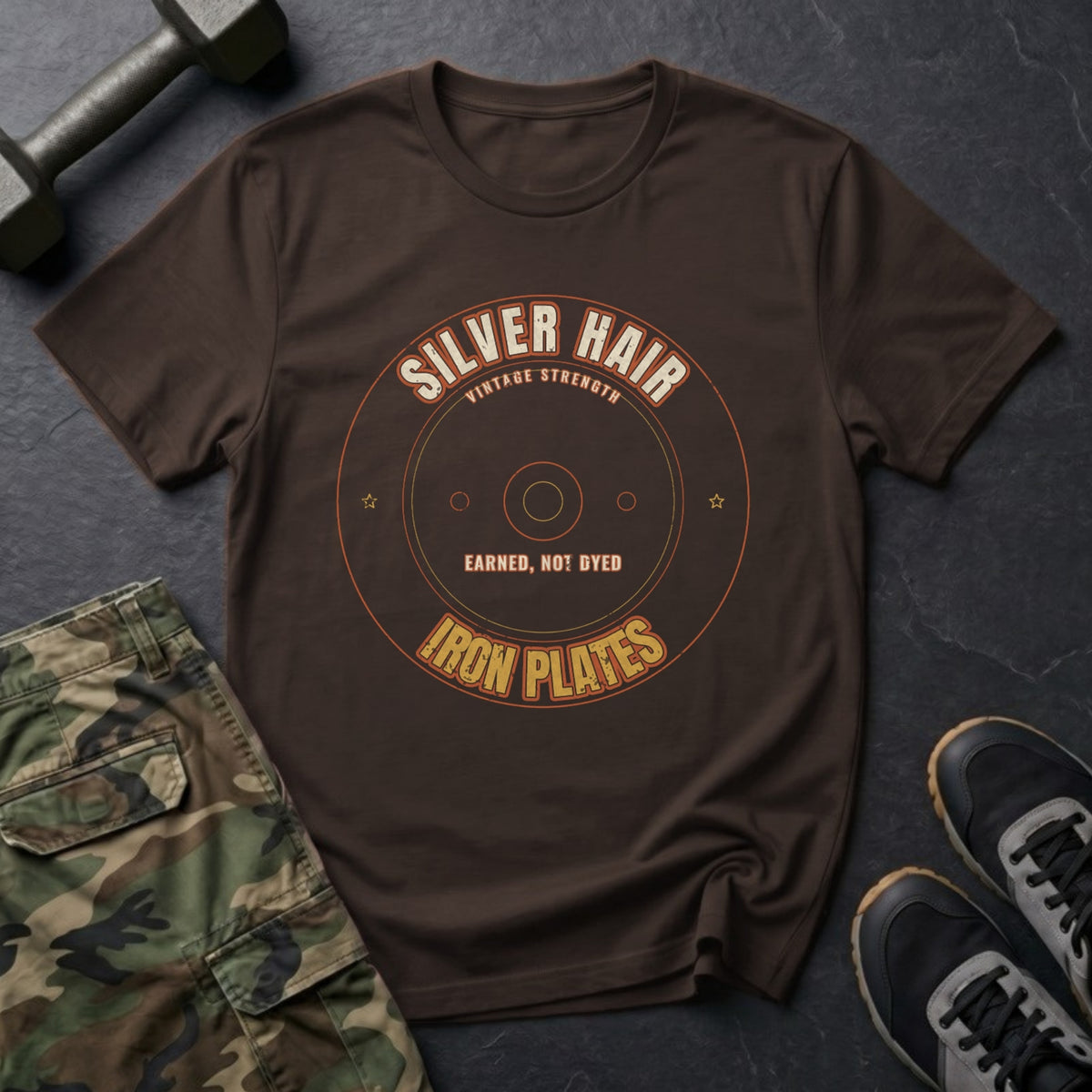 Silver Hair, Iron Plates T-Shirt in Dark Chocolate