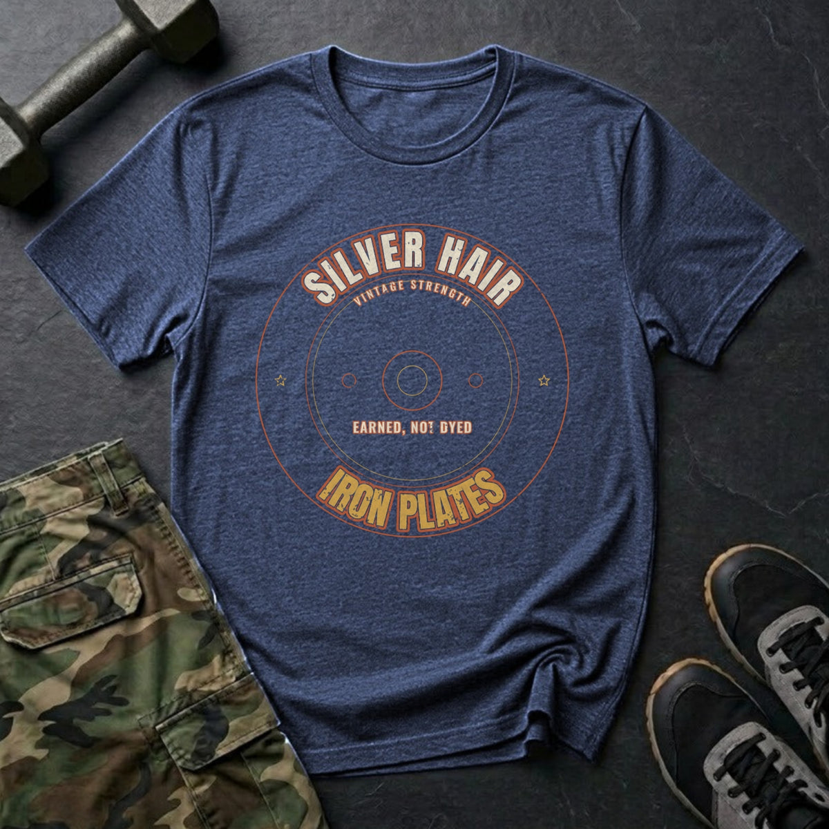 Silver Hair, Iron Plates T-Shirt in Heather Navy