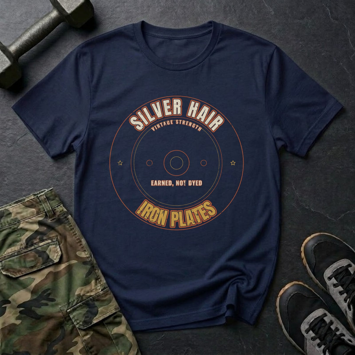 Silver Hair, Iron Plates T-Shirt in Navy