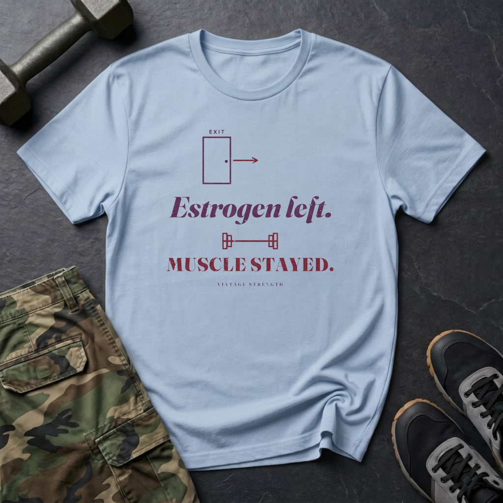 Estrogen Left. Muscle Stayed. T-Shirt in Light Blue