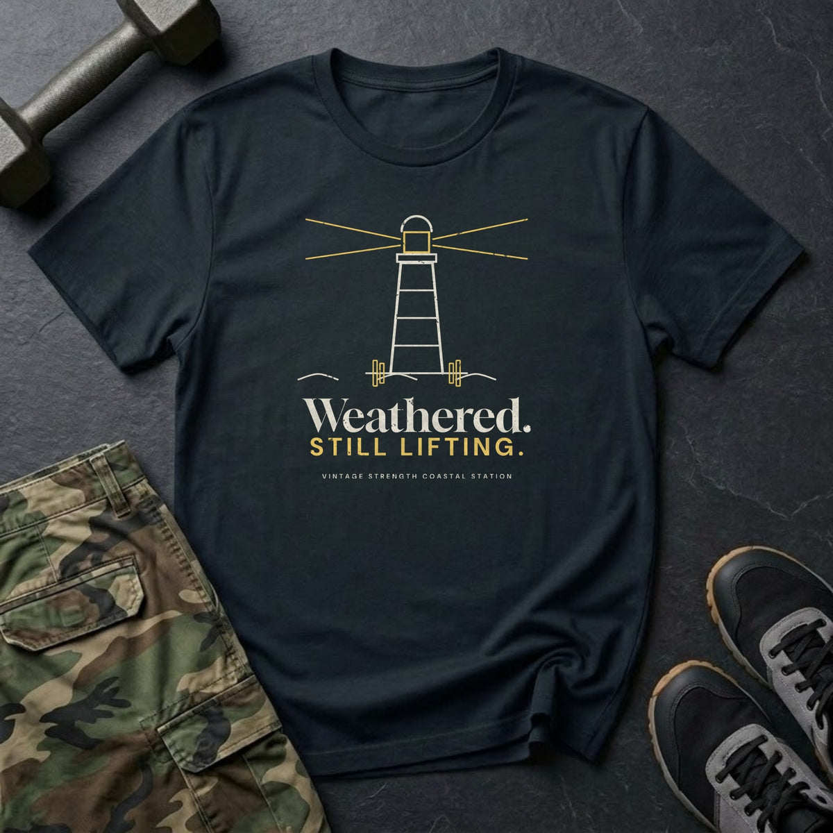 Weathered. Still Lifting. T-Shirt in Black