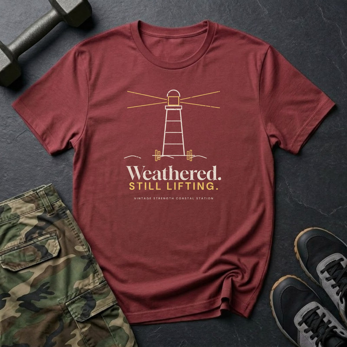 Weathered. Still Lifting. T-Shirt in Heather Cardinal