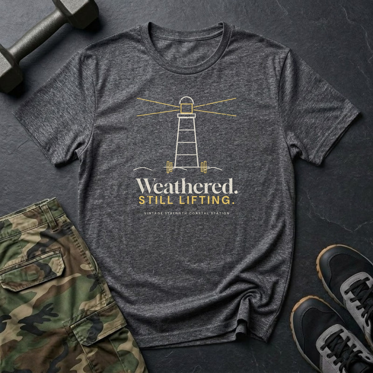Weathered. Still Lifting. T-Shirt in Dark Heather