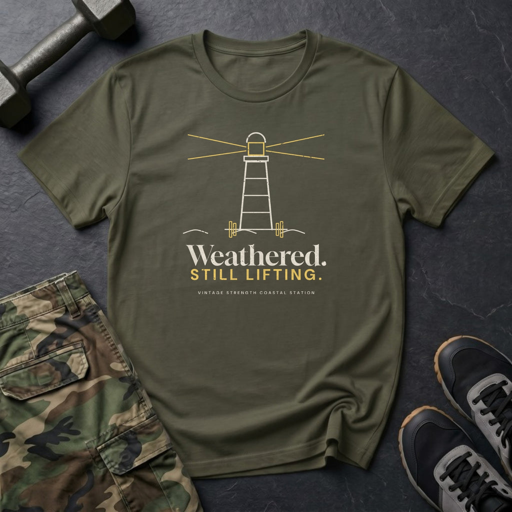 Weathered. Still Lifting. T-Shirt in Military Green