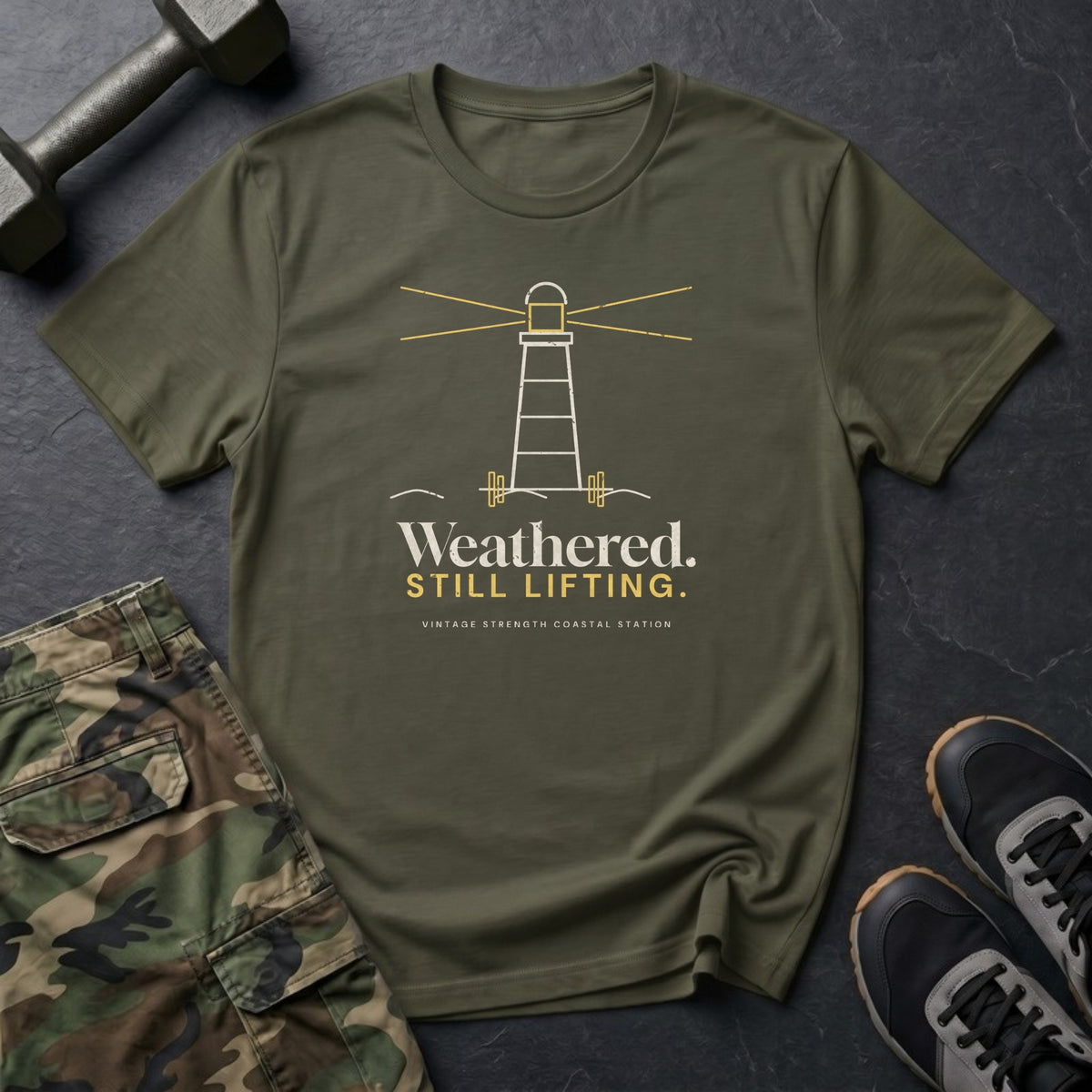 Weathered. Still Lifting. T-Shirt in Military Green