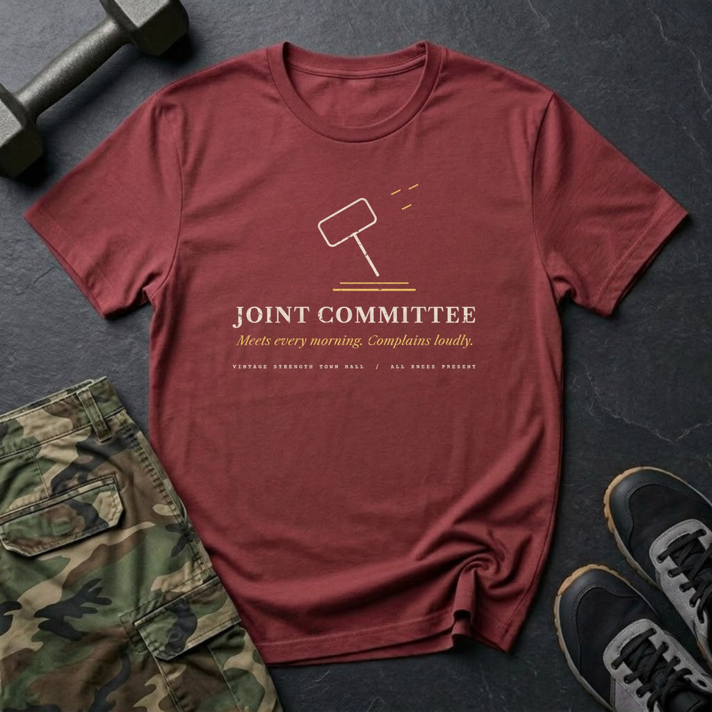 Joint Committee: Meets Every Morning. Complains Loudly. T-Shirt in Heather Cardinal