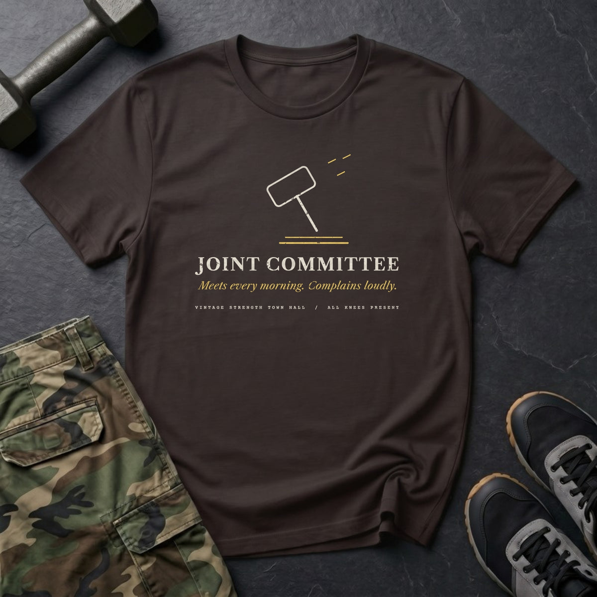 Joint Committee: Meets Every Morning. Complains Loudly. T-Shirt in Dark Chocolate