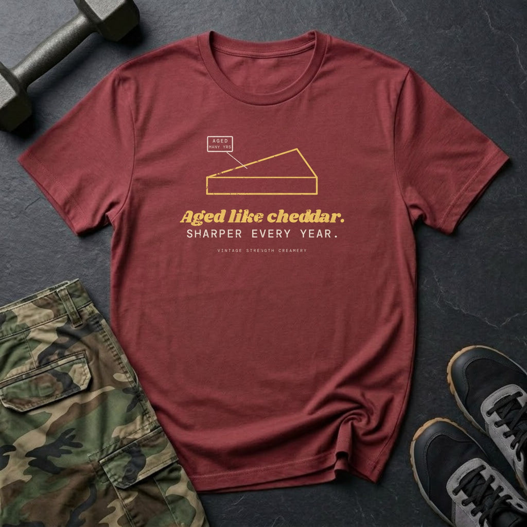 Aged Like Cheddar. Sharper Every Year. T-Shirt in Heather Cardinal