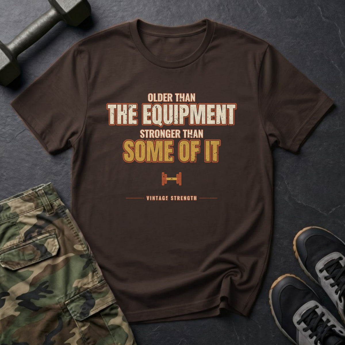 Older Than the Equipment, Stronger Than Some of It T-Shirt in Dark Chocolate