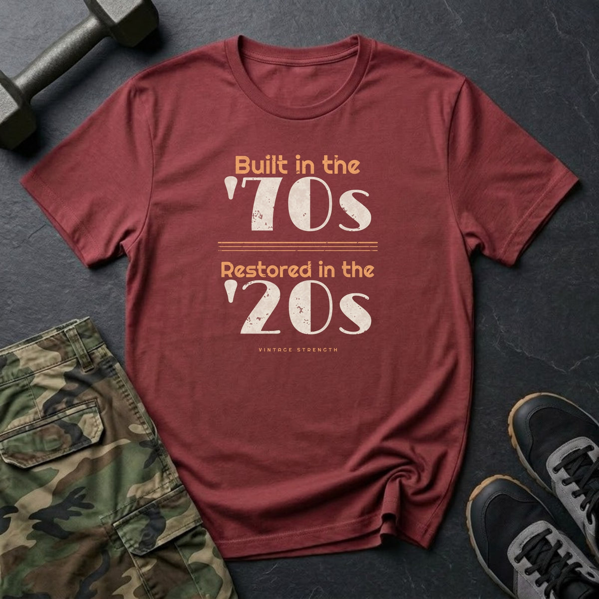 Built in the '70s. Restored in the '20s. T-Shirt in Heather Cardinal