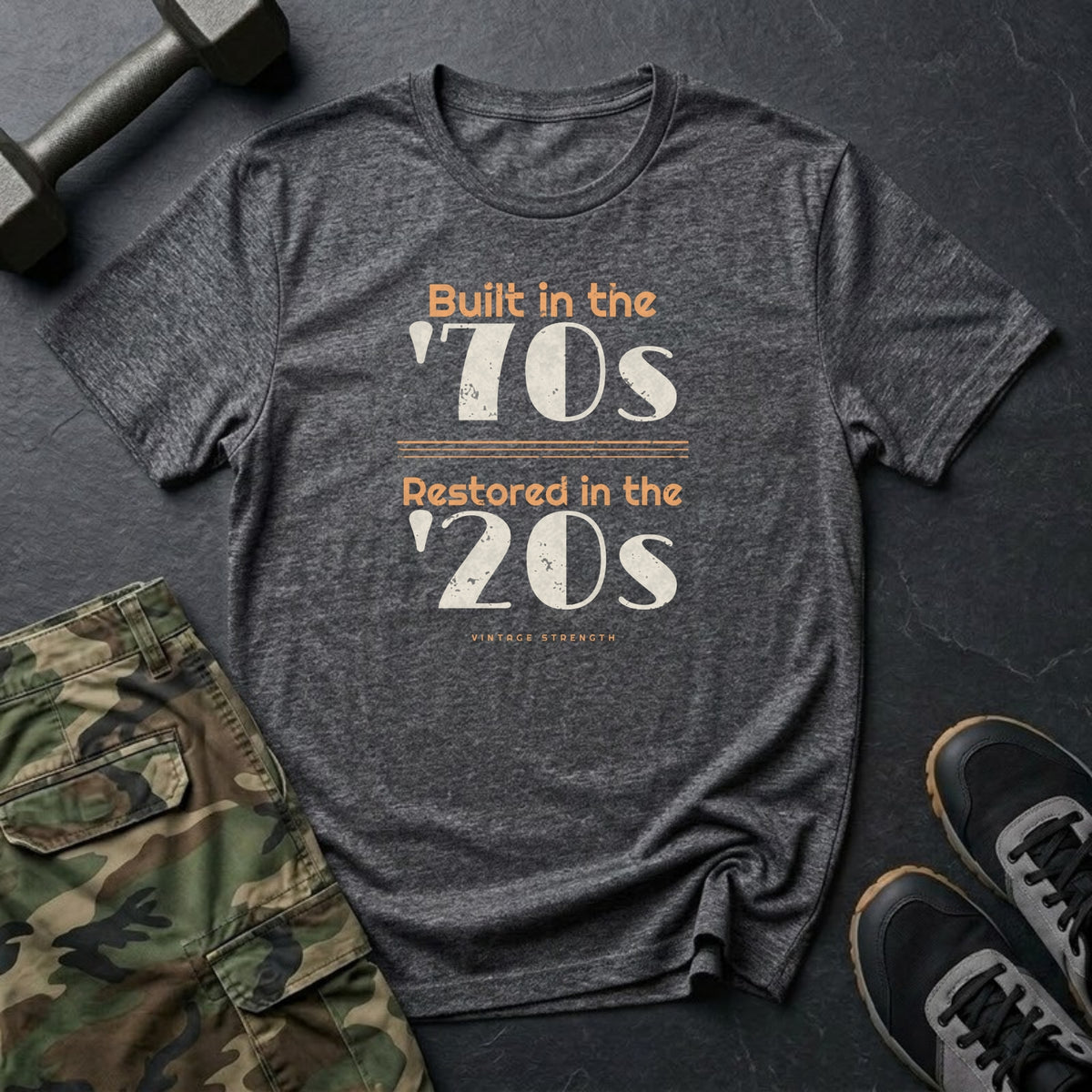 Built in the '70s. Restored in the '20s. T-Shirt in Dark Heather