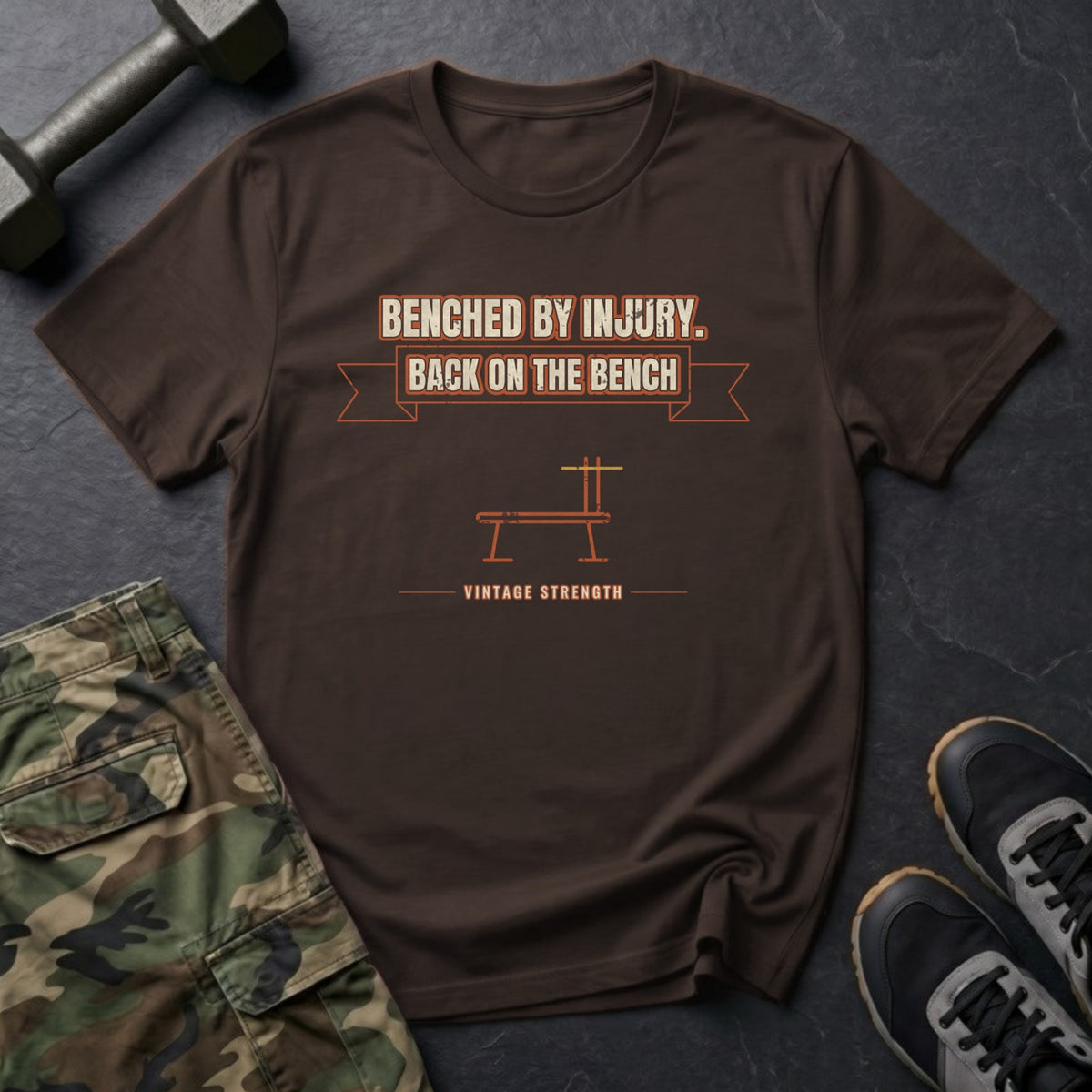 Benched by Injury, Back on the Bench T-Shirt in Dark Chocolate