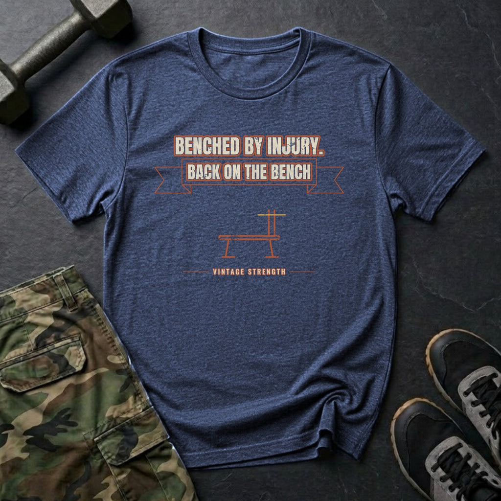 Benched by Injury, Back on the Bench T-Shirt in Heather Navy