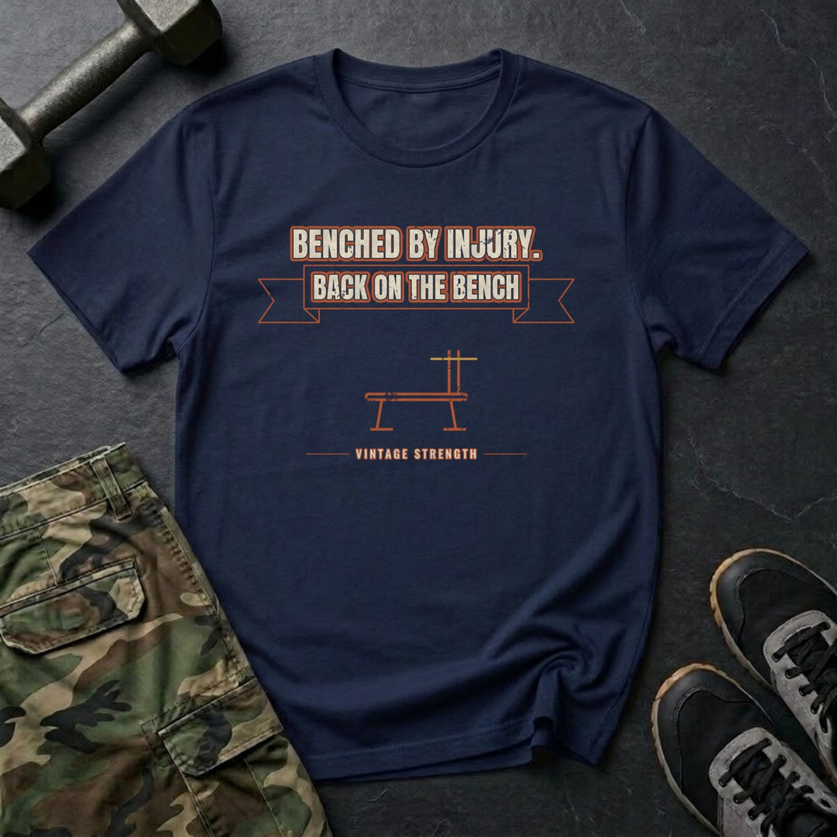 Benched by Injury, Back on the Bench T-Shirt in Navy